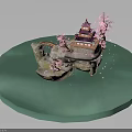 Traditional Asian Building Surrounded by Turquoise Water Pink Cherry Blossoms and Stone Bridge