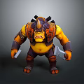 Angry Muscular 3D Monster Character In Orange Armor With Horns And Weapons