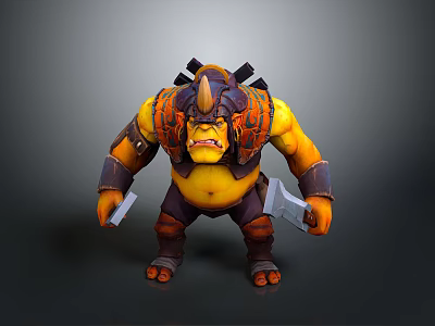 Angry Muscular 3D Monster Character In Orange Armor With Horns And Weapons 3d model