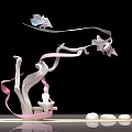Artistic Decorative Sculpture Featuring Tree Like Structure Pink Ribbons Butterfly Seated Figure And White Spheres