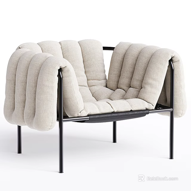 Modern Leisure Chair With Beige Plush Cushions And Black Metal Frame 3d model 