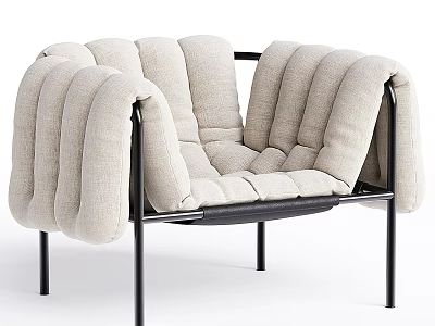 Modern Leisure Chair With Beige Plush Cushions And Black Metal Frame 3d model