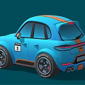 Cute Cartoon Style Blue Car With Orange Accents And Large Sporty Wheels