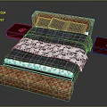 Double Bed With Brown Quilted Headboard Footboard Navy White Patterned Bedspread And Red Nightstands