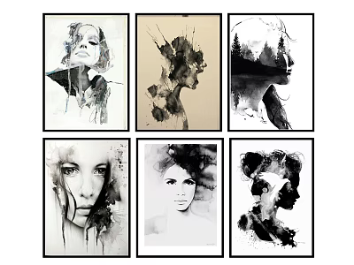 Six Black White Abstract Portrait Ink Artworks Modern Wall Decor Pieces 3d model