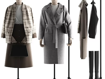 Mannequins Displaying Plaid Coat Gray Top Brown Skirt Gray Coat With Belt Black Bag Hanging Coats And Boots 3d model