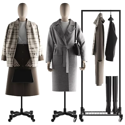 Mannequins Displaying Plaid Coat Gray Top Brown Skirt Gray Coat With Belt Black Bag Hanging Coats And Boots 3d model