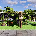 Lush Grape Vines Covered Pergola With Fresh Grapes Wine Bottles And Basket On Green Grass