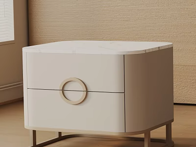 Modern Side Table With Marble Top Circular Handle Drawers And Metal Legs 3d model