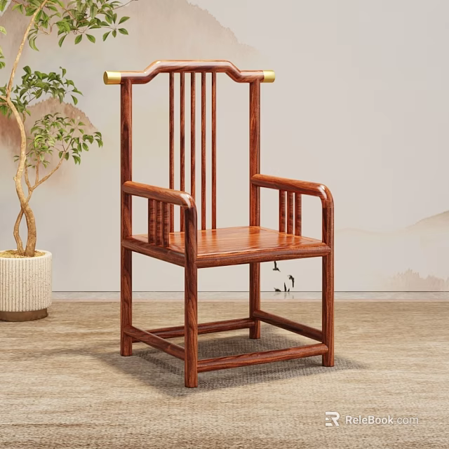 Traditional Chinese Style Solid Wood Single Chair With Classic Armrest And Backrest Design 3d model 