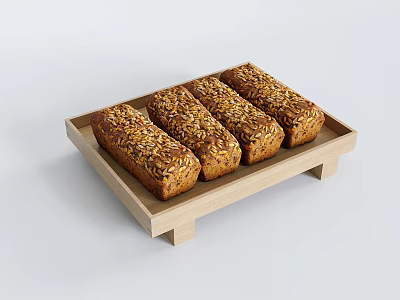 Four Multigrain Bread Loaves on Wooden Tray with Toasted Seeds 3d model