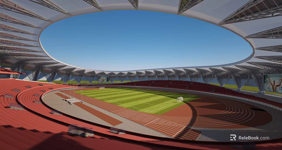 Modern Sports Stadium With Red Running Track And Green Grass Field For Fitness 3d model 