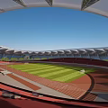 Modern Sports Stadium With Red Running Track And Green Grass Field For Fitness