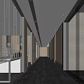 Modern Office Corridor With Glass Partitions Wooden Accents And Carpeted Flooring