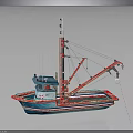Vibrant Blue And Red Fishing Boat With Crane Arm Mast And Cabin Structure