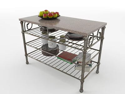 Sturdy Metal Storage Rack With Granite Top Shelf Holding Fruit Bowl Plates Jars And Books 3d model