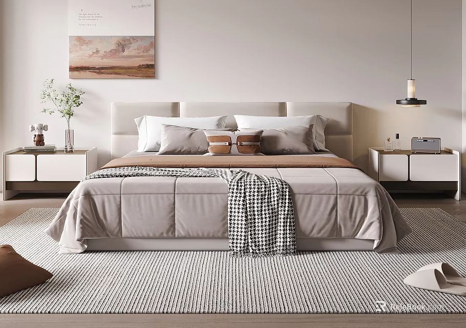 Modern Double Bed With Upholstered Headboard Bedside Tables Wall Art Soft Rug And Cozy Pillows 3d model 