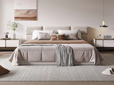 Modern Double Bed With Upholstered Headboard Bedside Tables Wall Art Soft Rug And Cozy Pillows 3d model