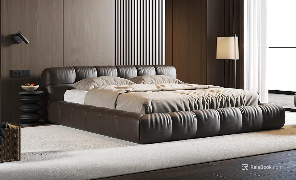 Modern Leather Double Bed Bedroom Design with Beige Sheets Wooden Wall Floor Lamp and Carpet 3d model 