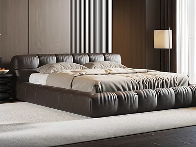 Modern Leather Double Bed Bedroom Design with Beige Sheets Wooden Wall Floor Lamp and Carpet 3d model