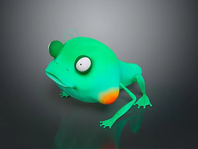 Cute Green Cartoon Frog Character Featuring Big Eyes And Orange Belly On Dark Reflective Surface 3d model