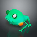 Cute Green Cartoon Frog Character Featuring Big Eyes And Orange Belly On Dark Reflective Surface