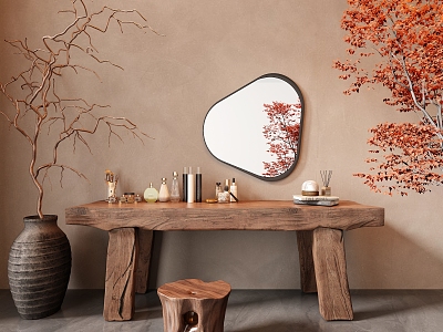 Wind Dressing Table Makeup Table Makeup Stool Combination Solid Wood Dressing Table Wind Mirror Cosmetic Combination Pottery Pot Dried Branches model