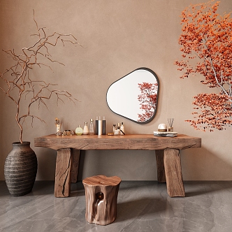 Wind Dressing Table Makeup Table Makeup Stool Combination Solid Wood Dressing Table Wind Mirror Cosmetic Combination Pottery Pot Dried Branches 3d model