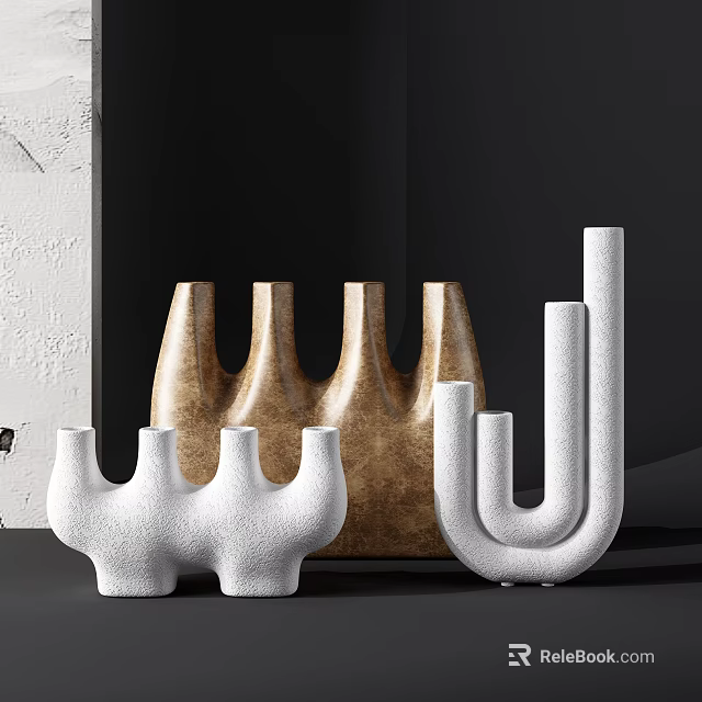 Modern Abstract Geometric Decorative Ornament Set with Textured White and Brown Sculptural Pieces 3d model 