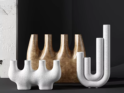 Modern Abstract Geometric Decorative Ornament Set with Textured White and Brown Sculptural Pieces 3d model