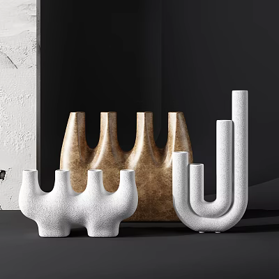 Modern Abstract Geometric Decorative Ornament Set with Textured White and Brown Sculptural Pieces 3d model