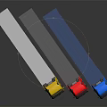 Colorful Cargo Trucks Yellow Red Blue Parked Together With Trailers On Reflective Surface