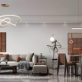 Modern Living And Dining Room Interior With Comfortable Sofa Dining Table Chairs And Stylish Lighting 3d model