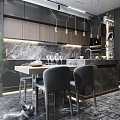 Modern Kitchen Interior With Marble Island Dark Cabinets Pendant Lights And Countertops