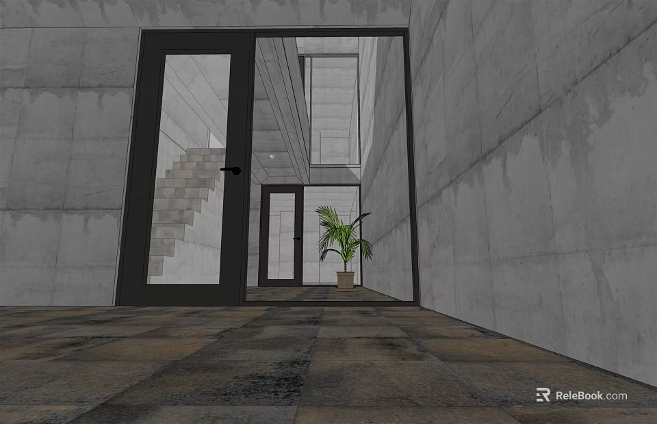 Modern Detached House With Open Entrance Concrete Walls Glass Doors Staircase And Potted Plant 3d model 