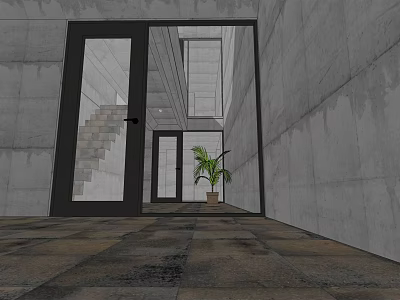 Modern Detached House With Open Entrance Concrete Walls Glass Doors Staircase And Potted Plant 3d model