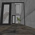 Modern Detached House With Open Entrance Concrete Walls Glass Doors Staircase And Potted Plant