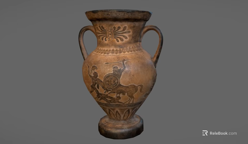 Ancient Style Terracotta Ceramic Vase With Two Handles And Decorative Figures 3d model 