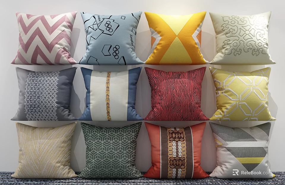 Colorful Decorative Throw Pillows With Various Patterns And Vibrant Colors 3d model