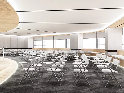 Modern Spacious Conference Room With Neatly Arranged White Folding Chairs And Large Windows 3d model