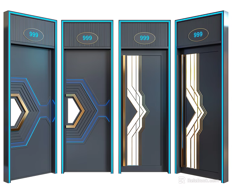 Modern Style Swing Doors With Geometric Patterns Blue Lines And Gold Accents 3d model 