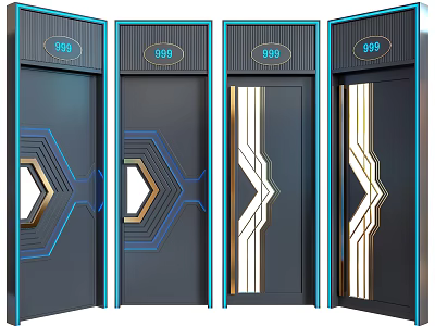 Modern Style Swing Doors With Geometric Patterns Blue Lines And Gold Accents 3d model