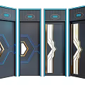 Modern Style Swing Doors With Geometric Patterns Blue Lines And Gold Accents