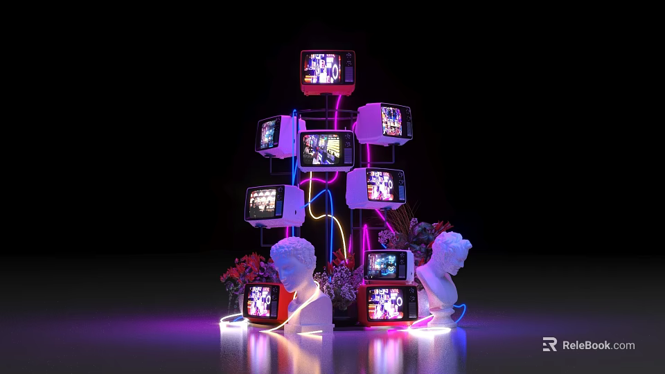 Vintage TV Art Installation With Neon Lights White Sculptural Heads And Purple Pink Lighting 3d model 