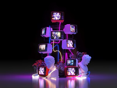 Vintage TV Art Installation With Neon Lights White Sculptural Heads And Purple Pink Lighting 3d model