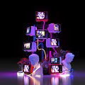 Vintage TV Art Installation With Neon Lights White Sculptural Heads And Purple Pink Lighting