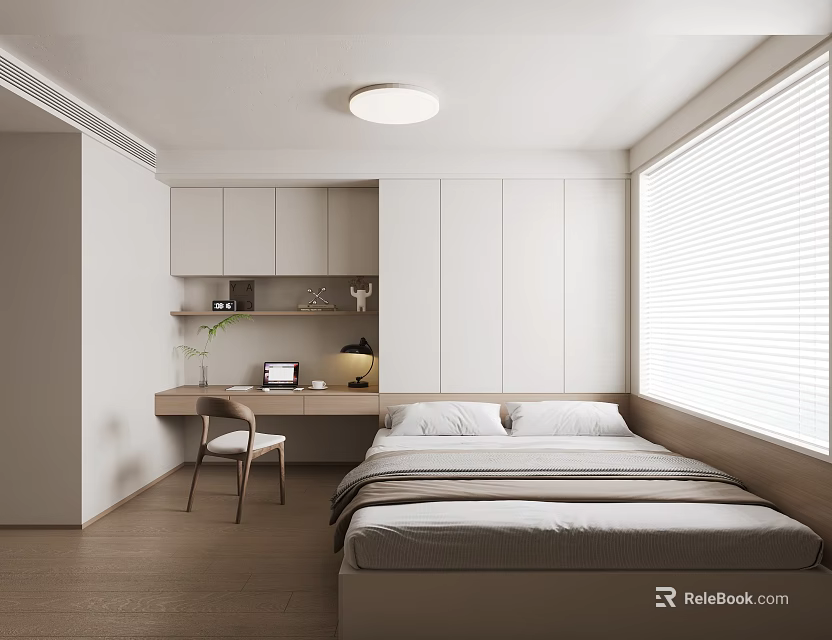 Modern Minimalist Tatami Bedroom with Built-in White Cabinets Desk Chair Gray Bed Sheets Wooden Floor Window Blinds 3d model 