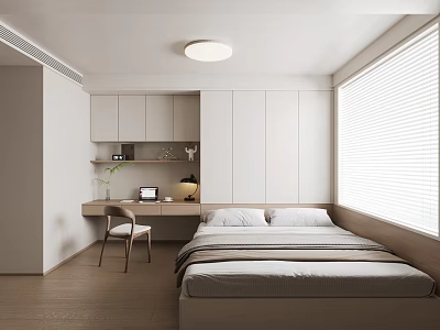 Modern Minimalist Tatami Bedroom with Built-in White Cabinets Desk Chair Gray Bed Sheets Wooden Floor Window Blinds 3d model
