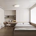 Modern Minimalist Tatami Bedroom with Built-in White Cabinets Desk Chair Gray Bed Sheets Wooden Floor Window Blinds