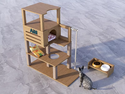 Wooden Multi Level Cat Playground With Rope Platform And Food Bowl 3d model